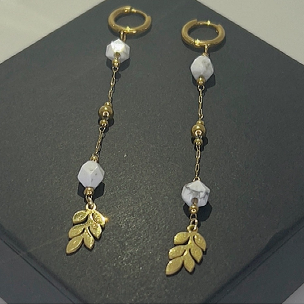 Natural Howlite Beaded Ear Huggies w Olive Leaves 18k Gold🌿 - Picture 4 of 4
